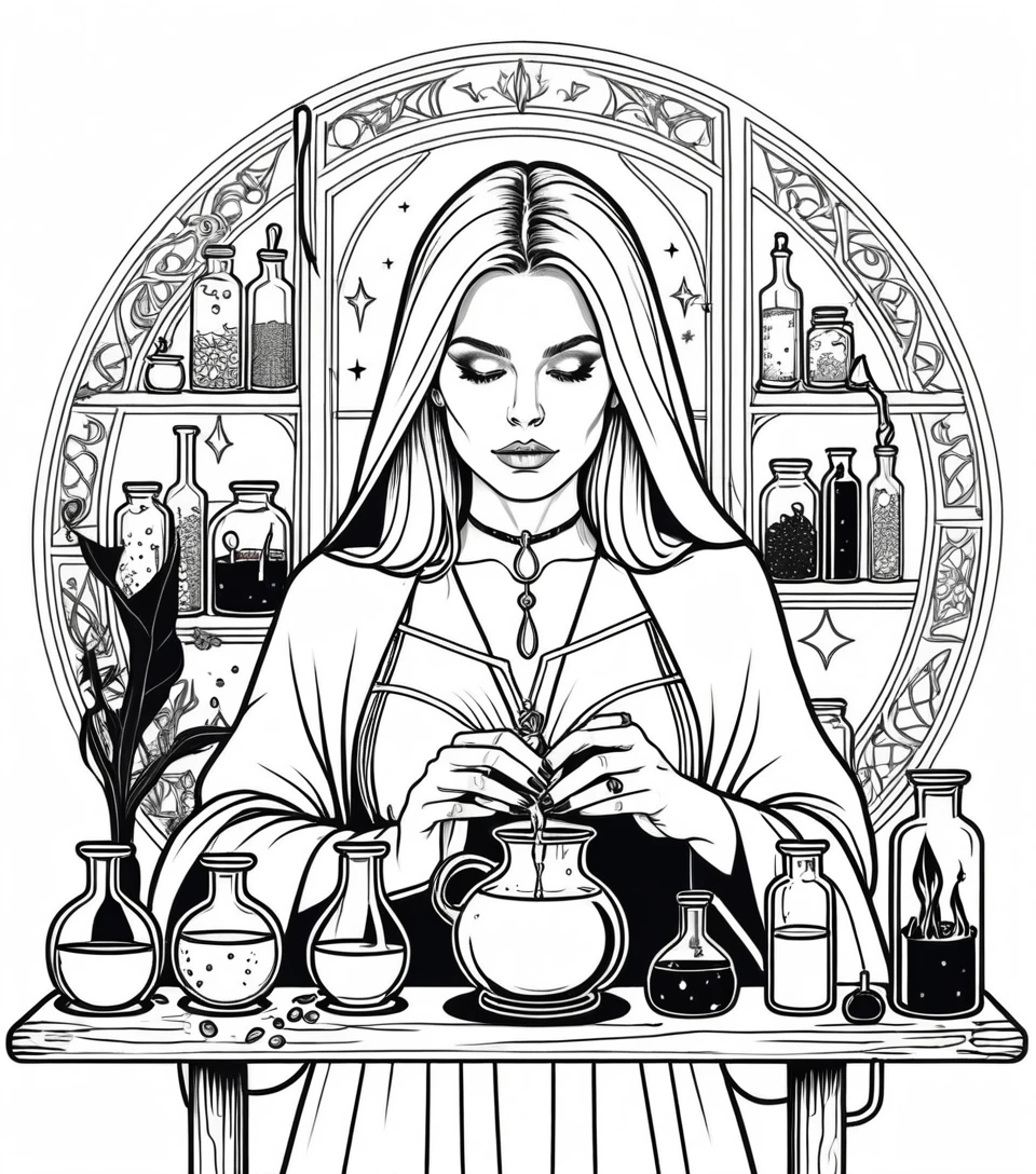 Bruja rubia preparando pociones en una colorida tienda medieval de magia