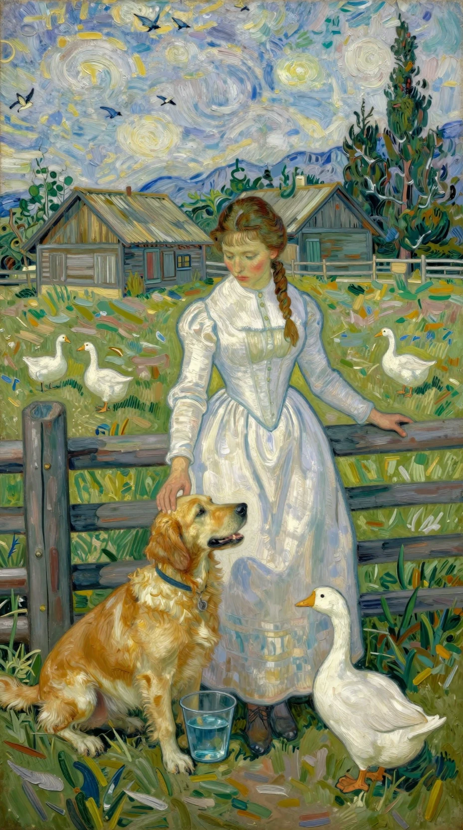 Young woman leaning on a rustic fence with dog and goose