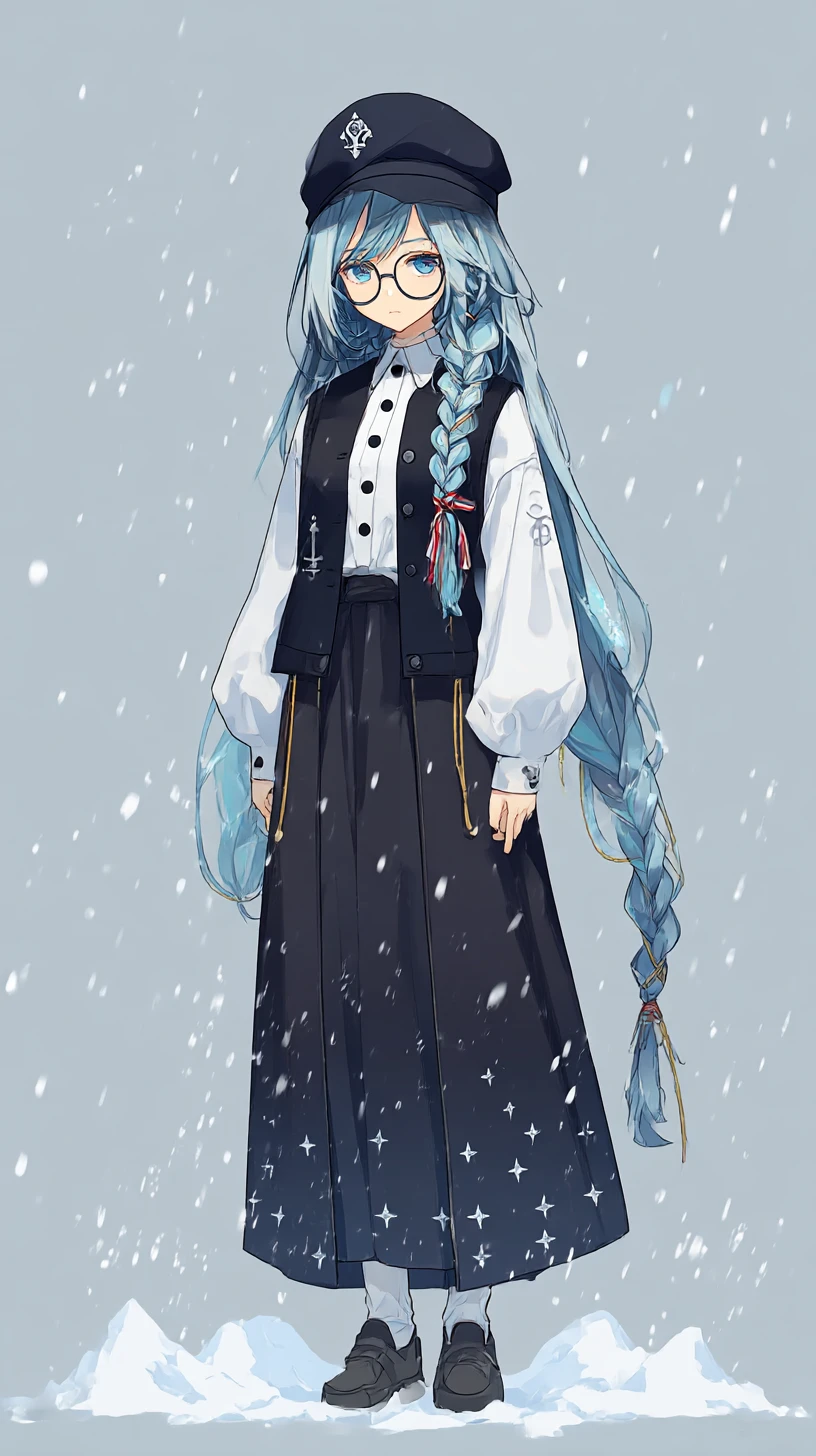 Anime-Frau an einer geometrischen Winterbasis im Schneefall