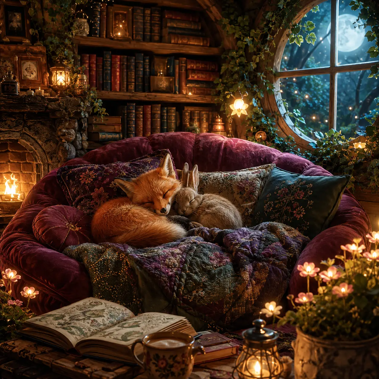 Animaux de la forêt ensommeillés reposant sur un canapé douillet de cottage