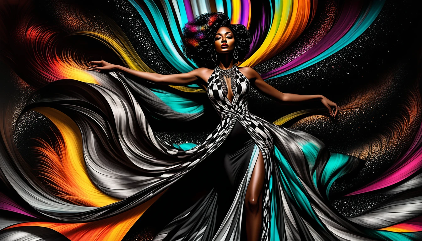 Ilustração surreal de uma elegante mulher afro-americana em vestido de gala