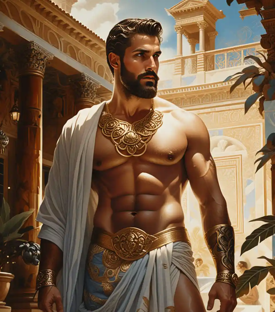 Hombre barbudo seductor con toga en patio al crepúsculo