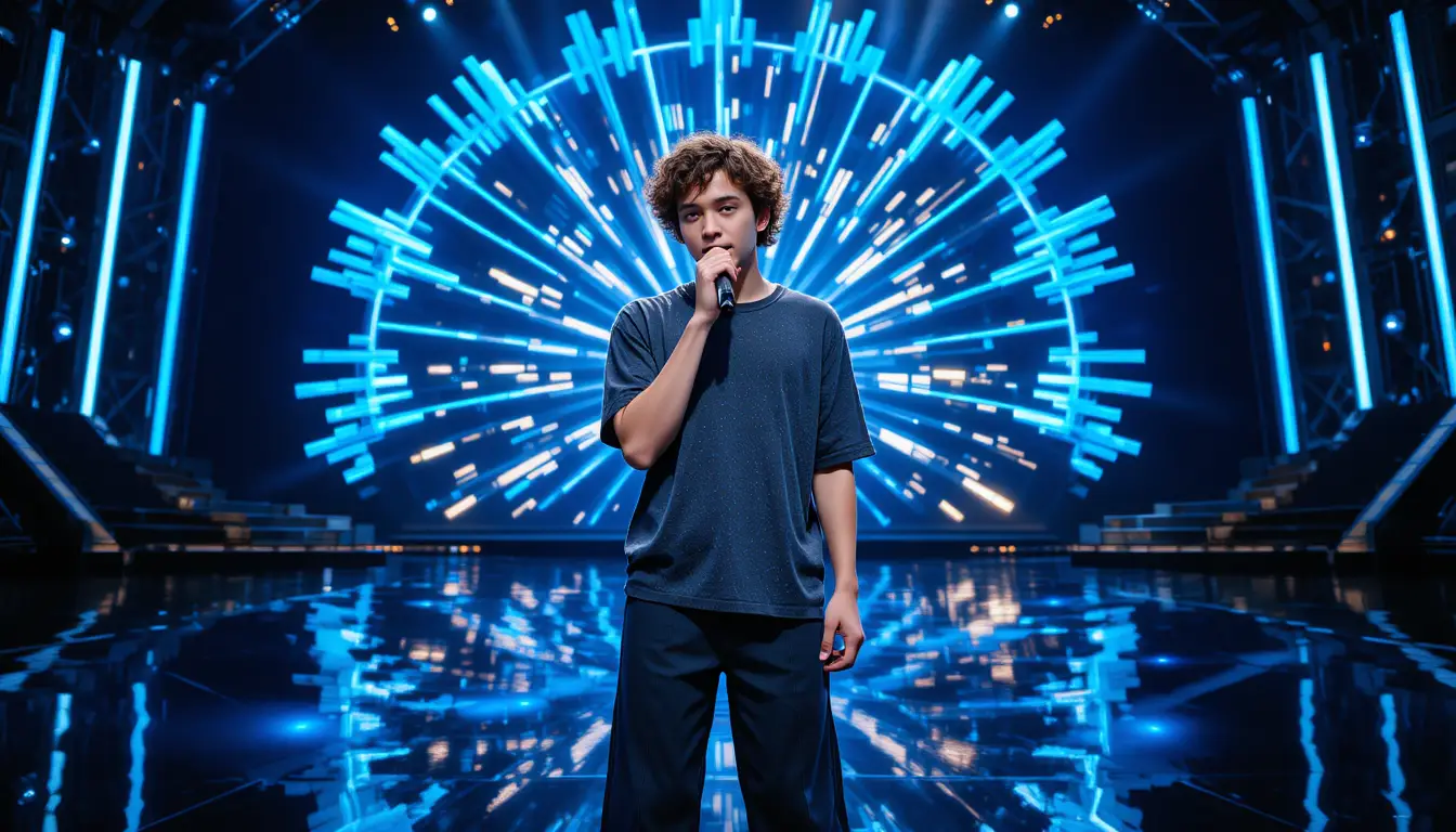 Young singer performing on neon lit concert stage