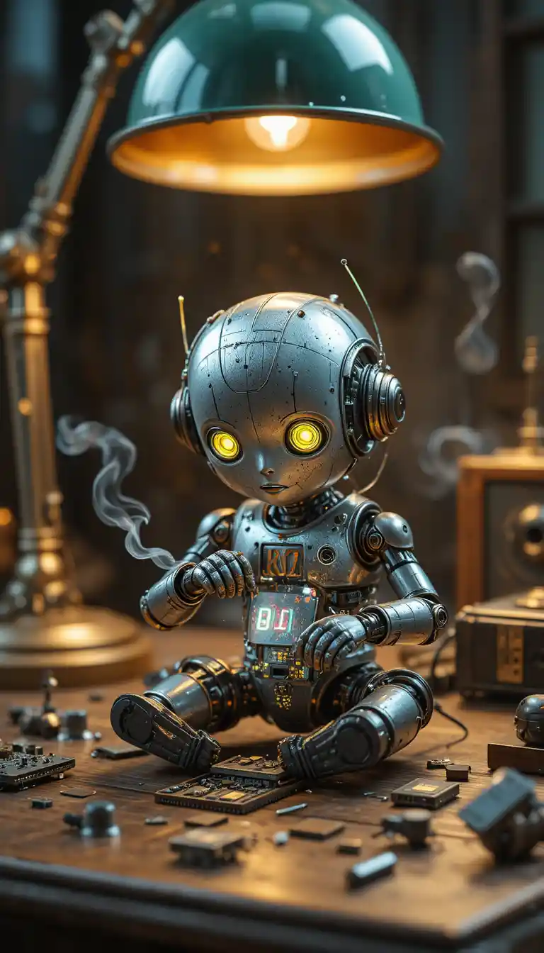 Piccolo robot che ripara un chip sotto una lampada da scrivania verde