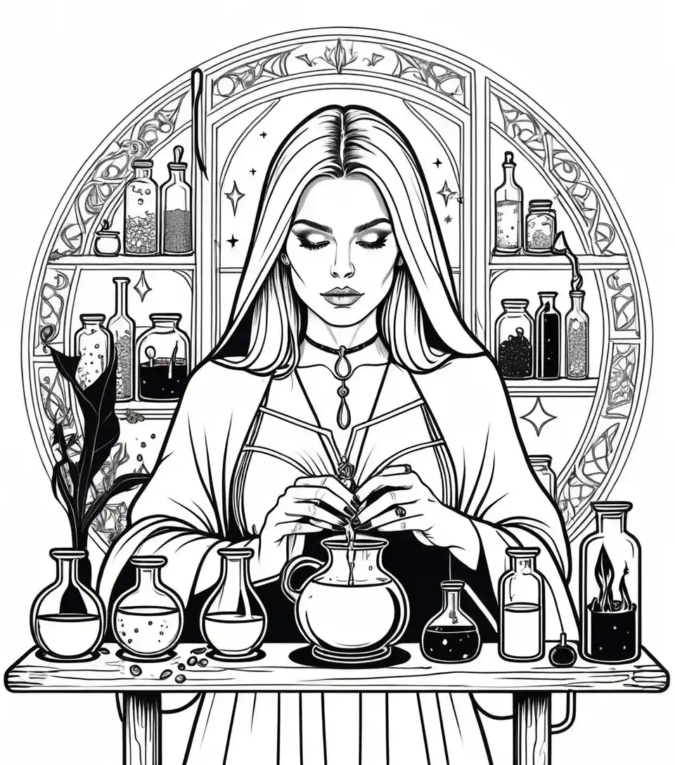 Sorcière blonde préparant des potions dans une boutique de magie médiévale colorée