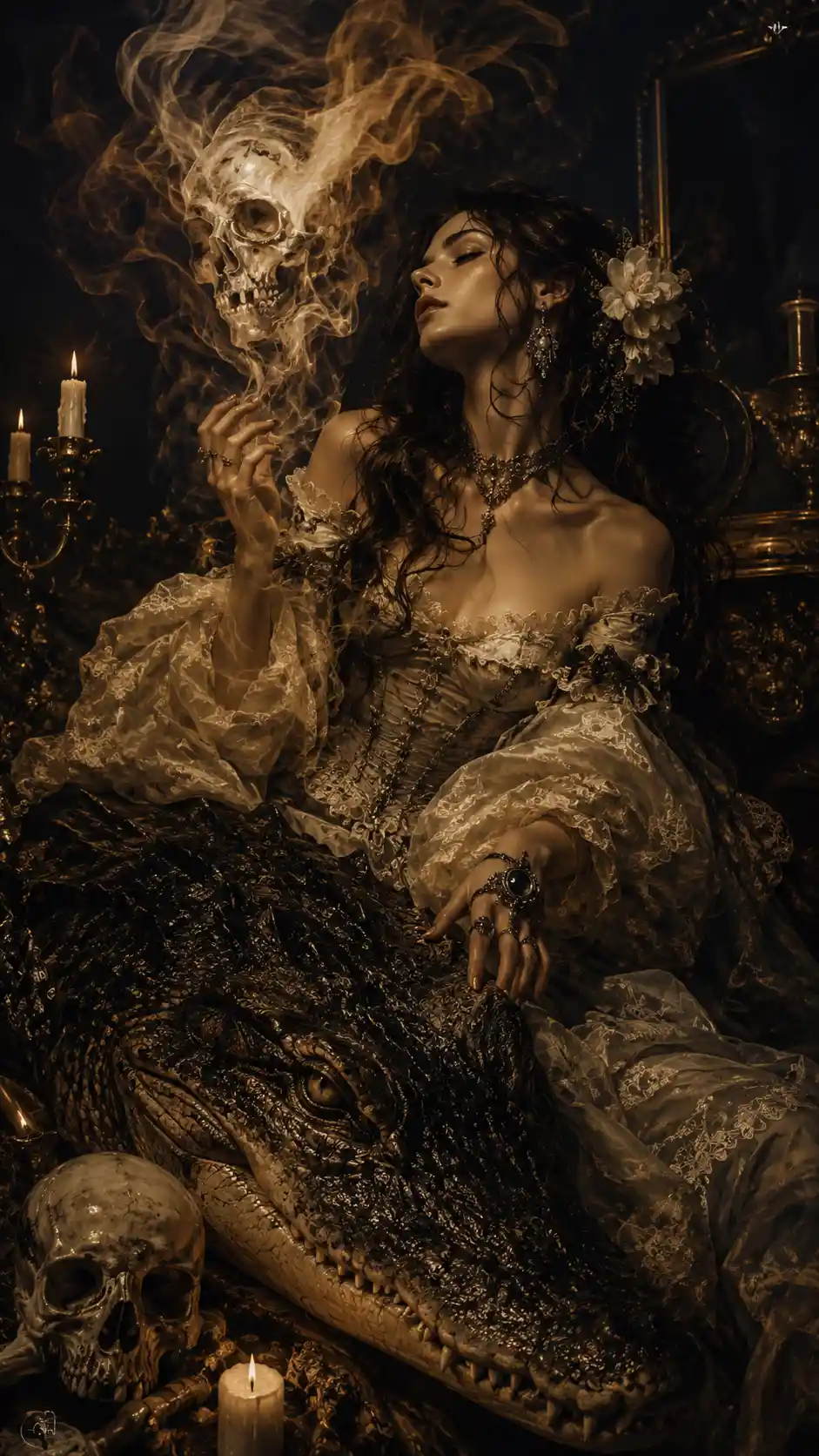 Dark baroque fantasy creature in gothic chiaroscuro scene