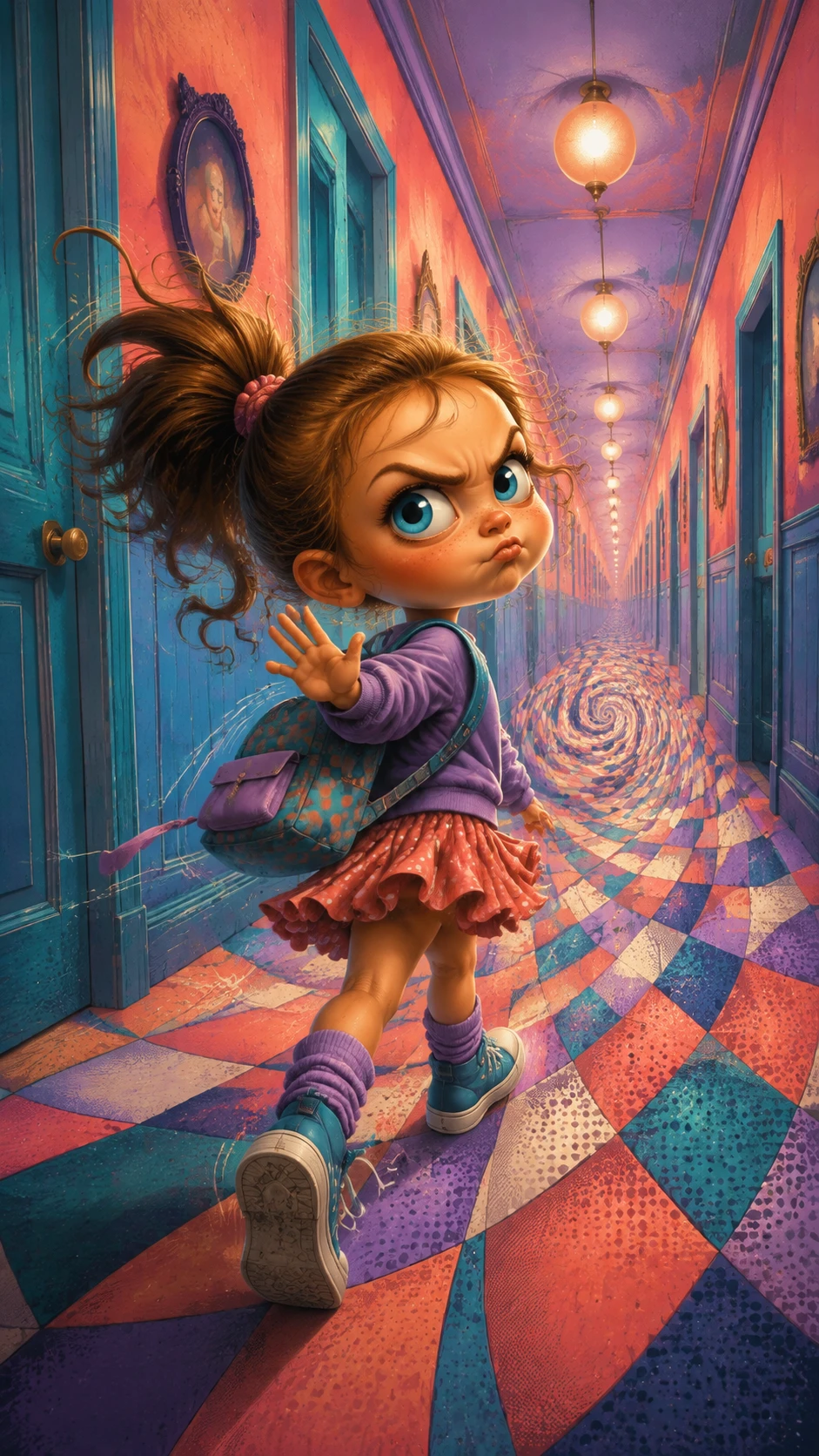 Petite fille dramatique marchant dans un couloir surréaliste