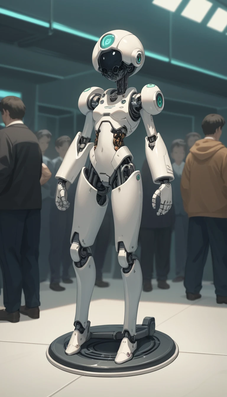 Mulher de anime com corpo mecânico em laboratório lotado