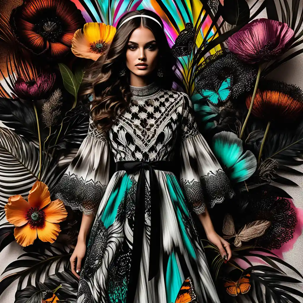 Bohemian Fashion-Porträt vor surrealer floraler Fresko-Collage
