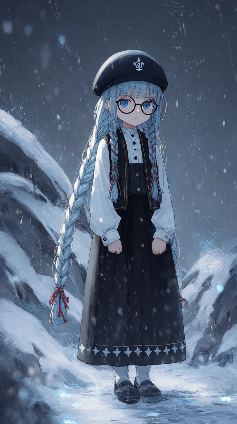 Mulher de anime em base nevada de triângulos azuis e luz