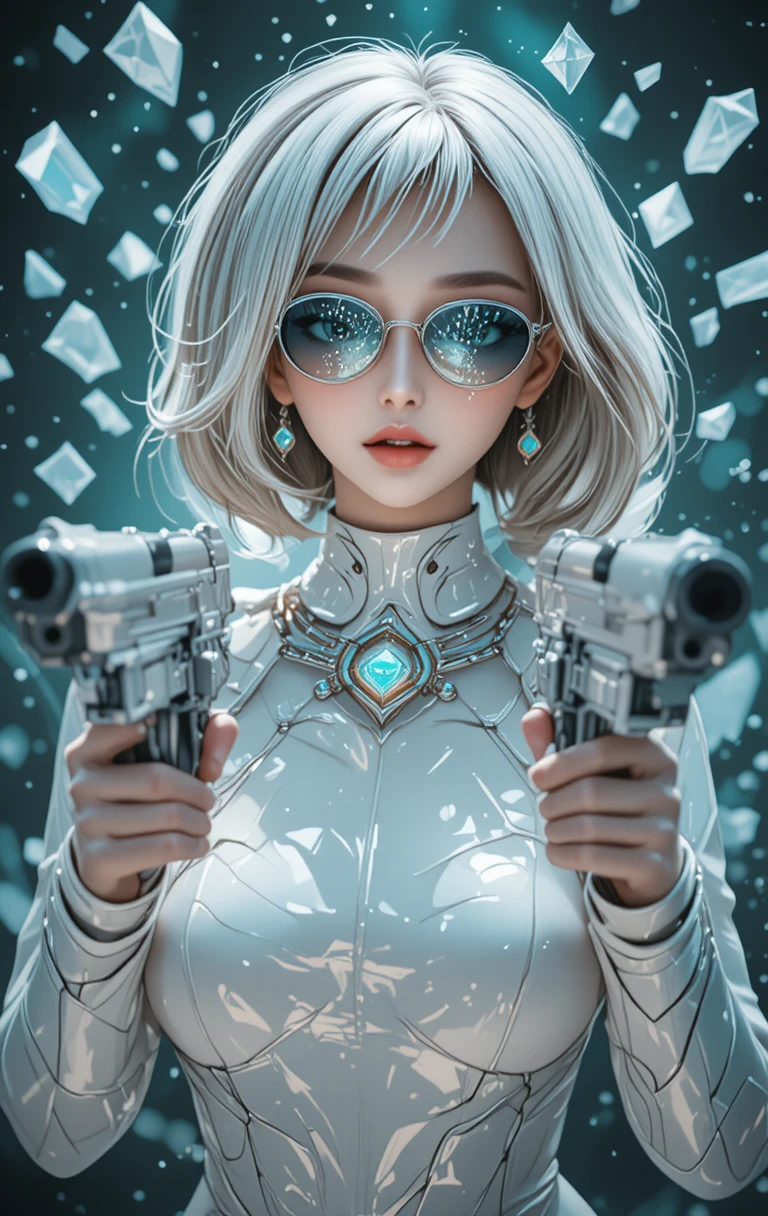 Mulher cyberpunk com armas entre cristais flutuantes
