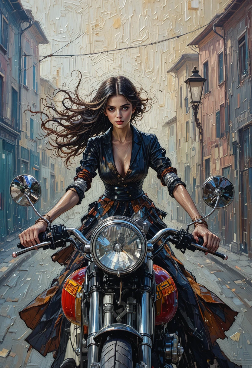 Melancholic fashion woman riding a motorcycle on an Italian street