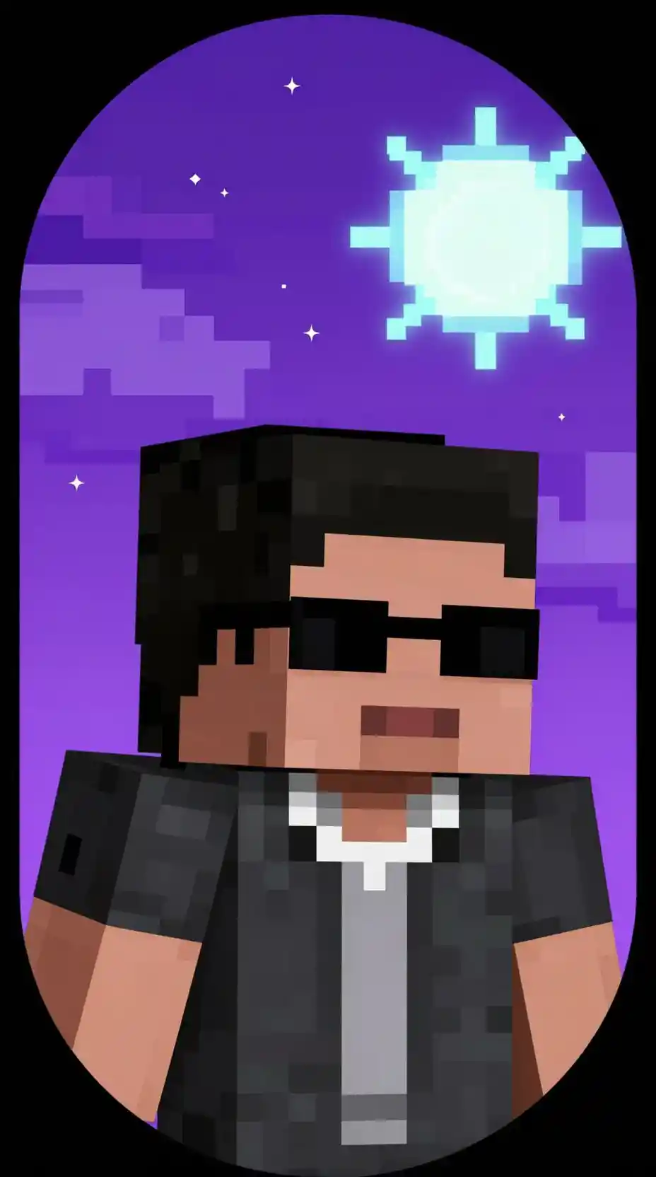 Blockiger Gamer-Avatar im Kreislogo mit violettem Nachthimmel