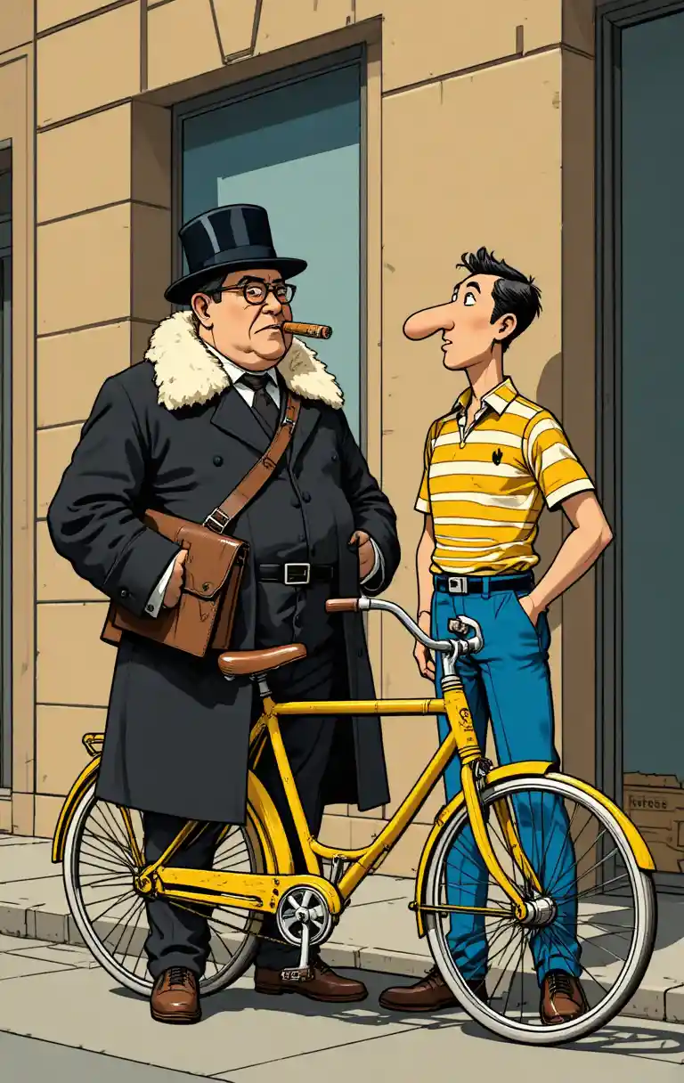 Comic style two men talking beside yellow bicycle