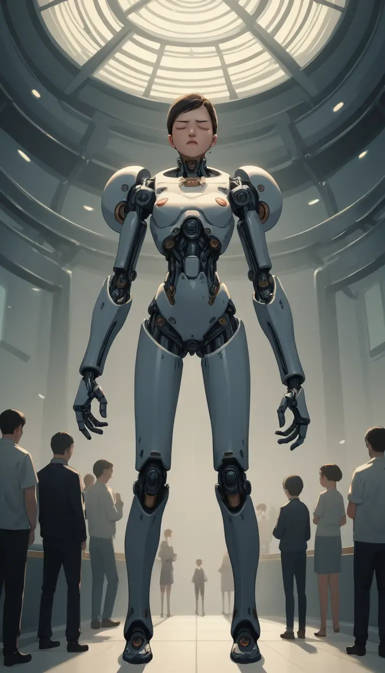 Femme d’anime au corps cybernétique dans un laboratoire bondé