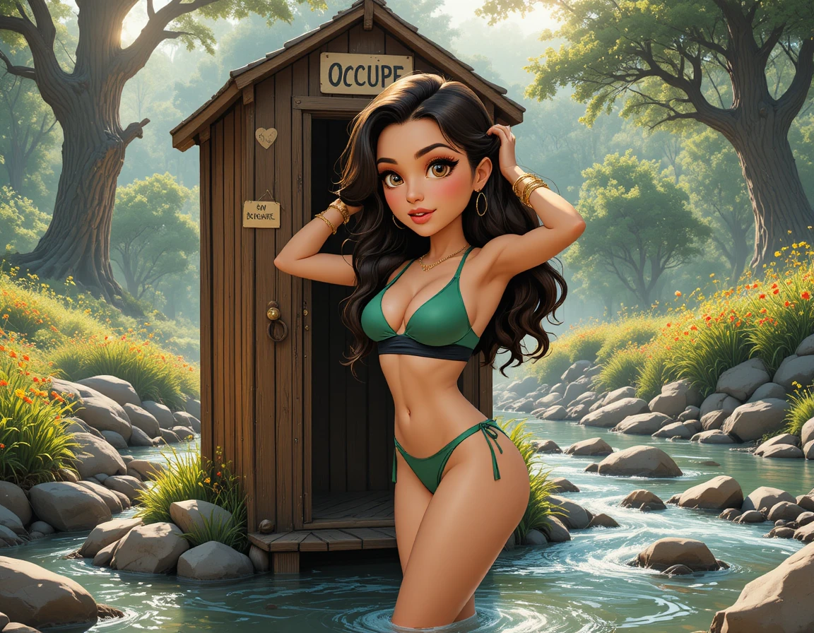 Cabane de toilettes rustique façon cartoon avec amusant panneau « occupé » sur la porte