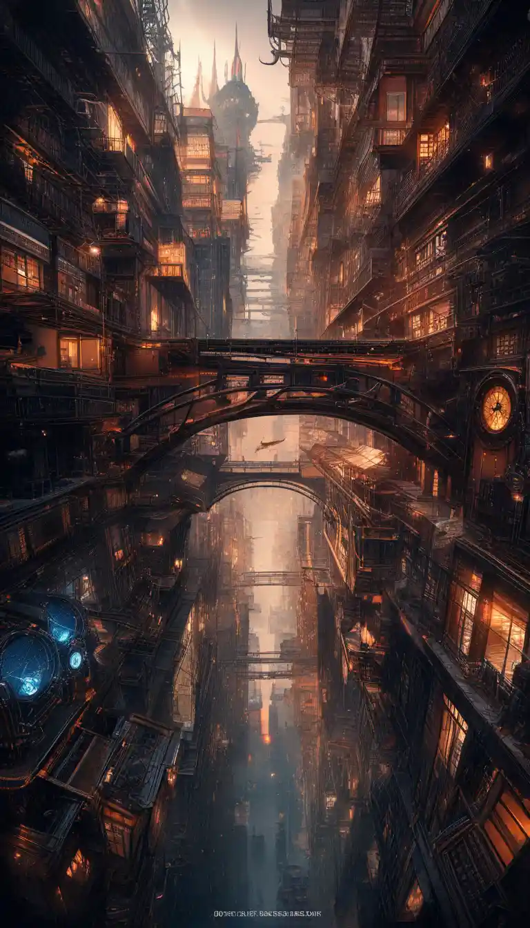 Gato steampunk dourado em varanda de latão sobre vasta cidade