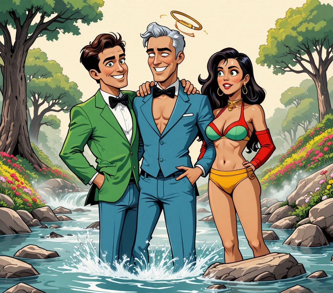 Comic trio of men in a playful medium shot scene