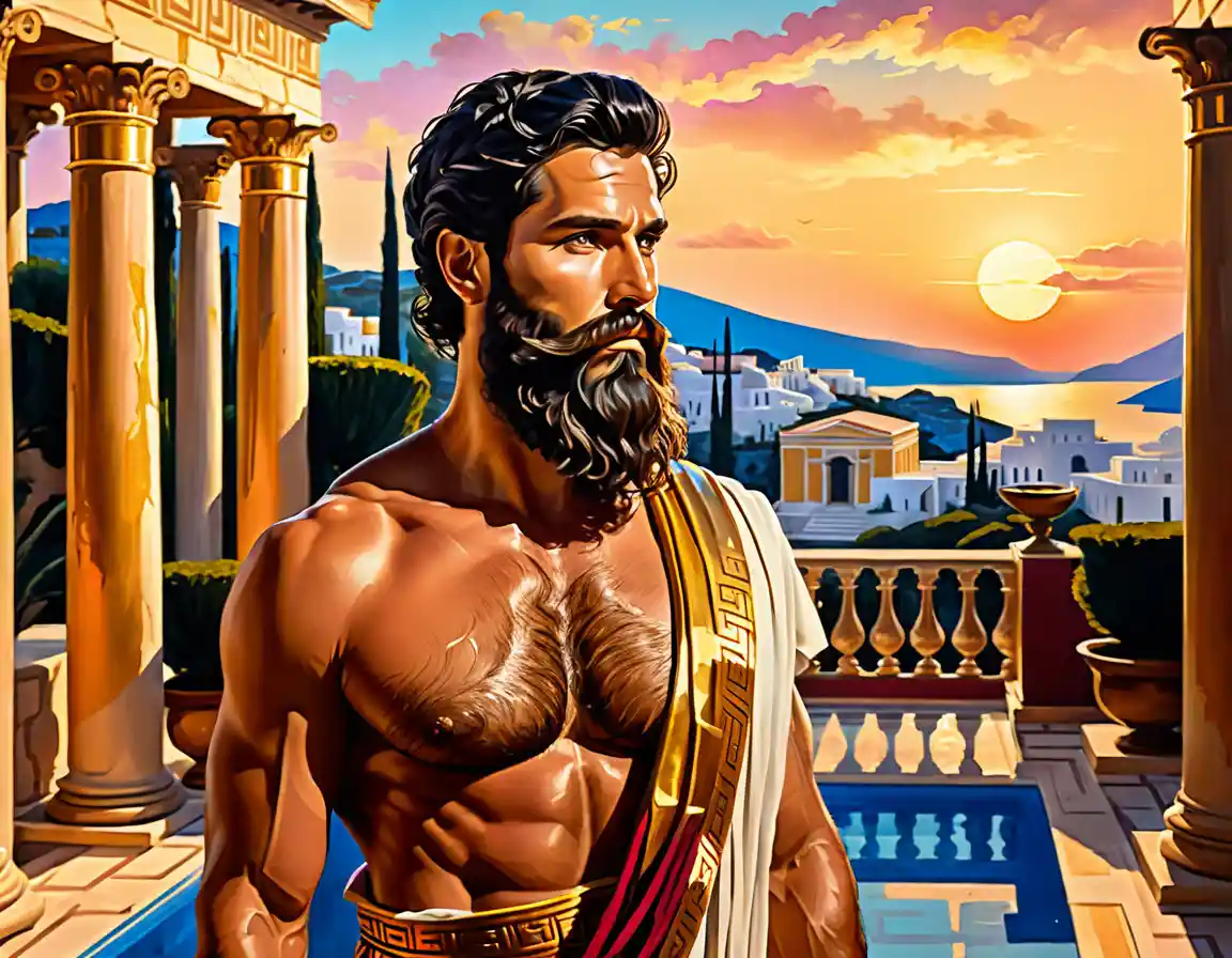 Affascinante uomo barbuto in toga dorata nel cortile al crepuscolo