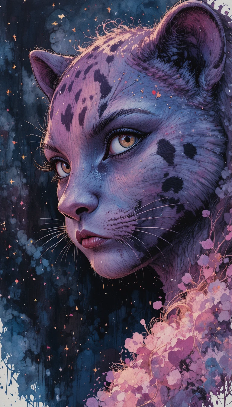 Fille chat fantastique en aquarelle sous un ciel étoilé romantique
