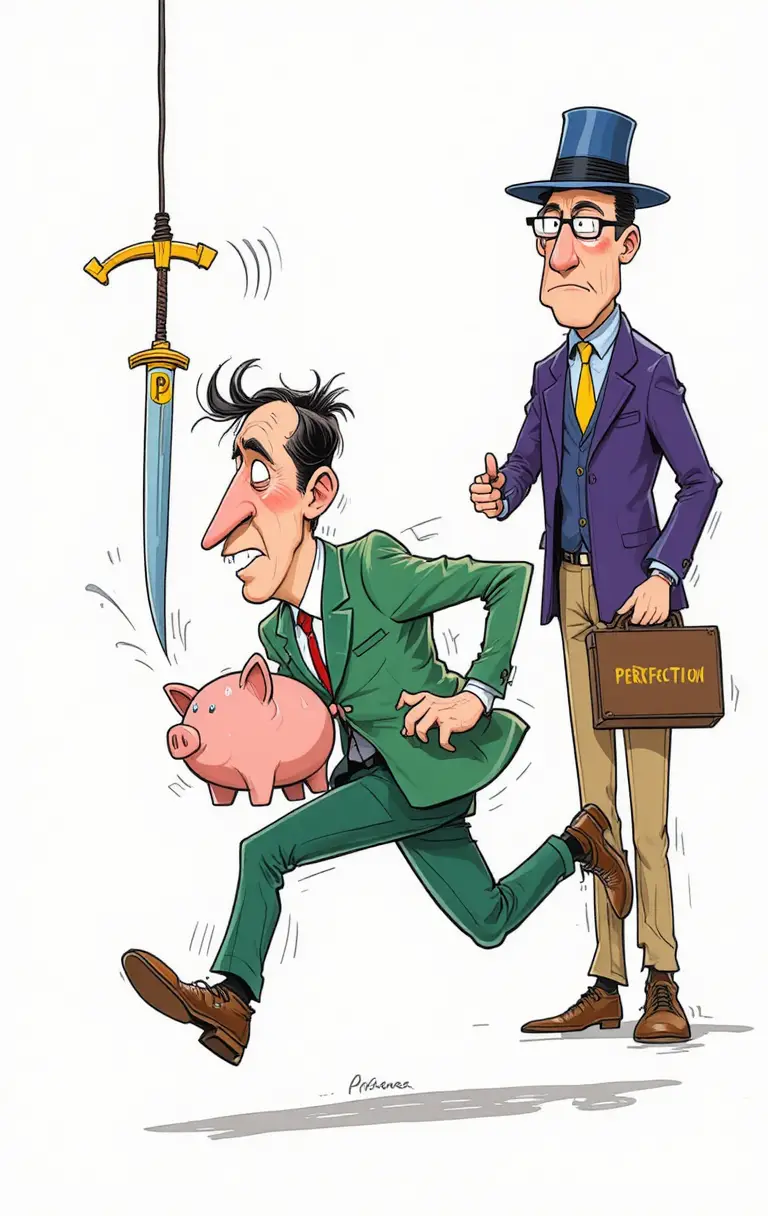 Cartoon businessman running with piggy bank in stress