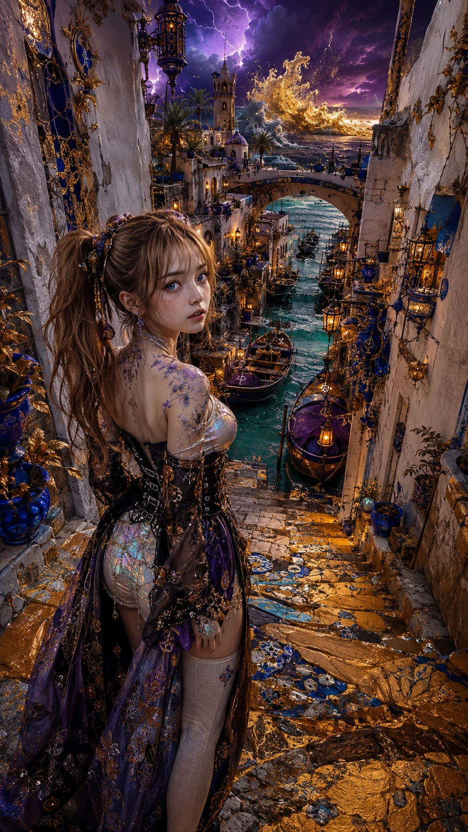 Garota de anime surpresa em viela mediterrânea surreal