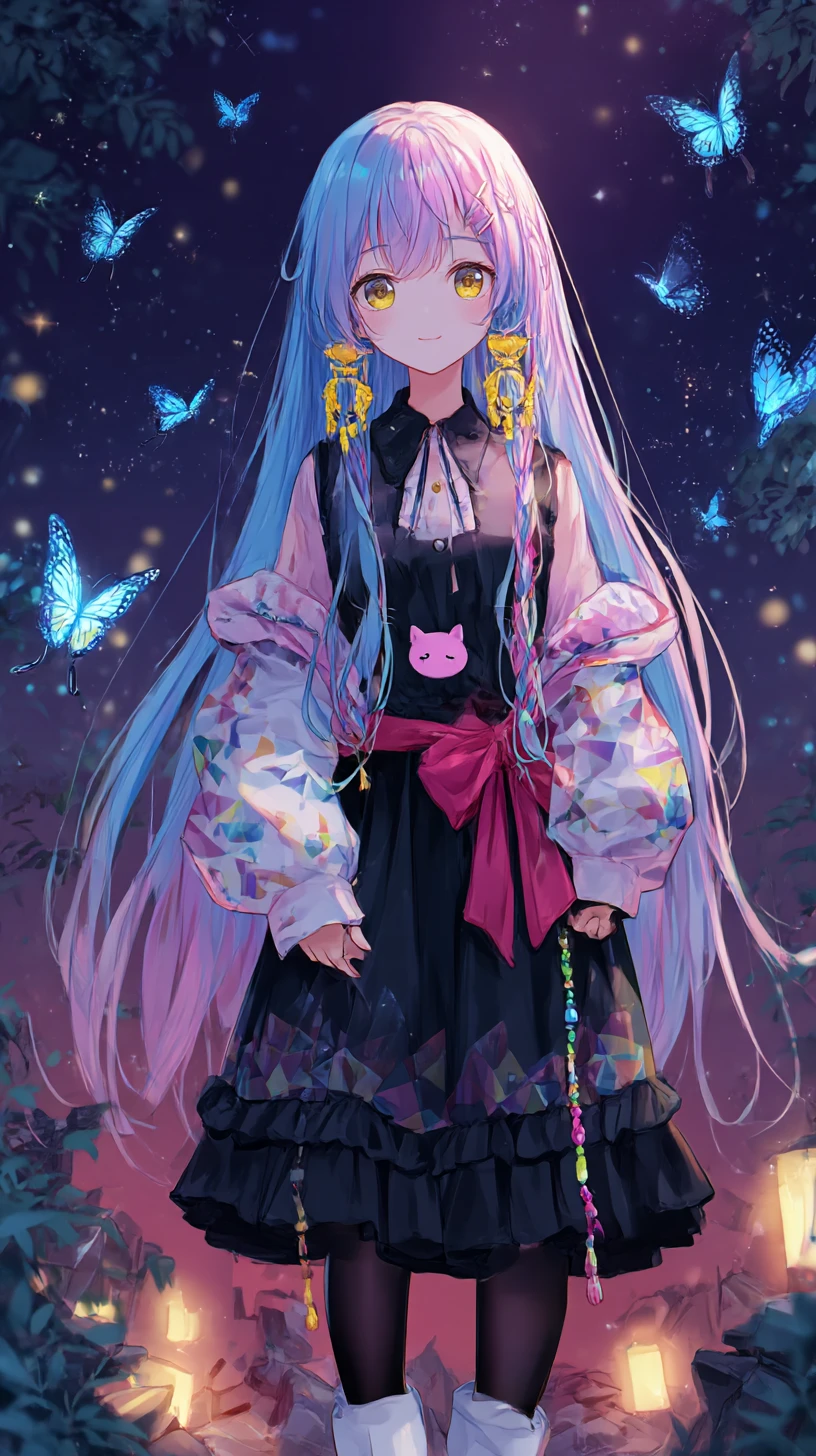 Chica de anime en un templo japonés con fuegos artificiales nocturnos