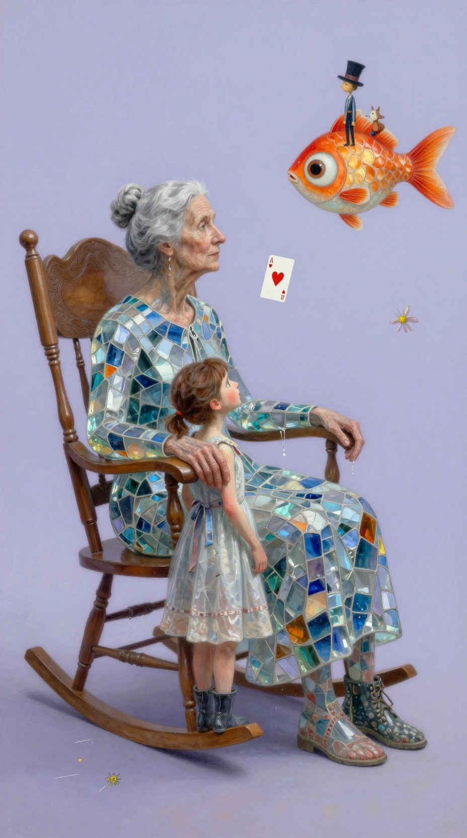 Mulher de vidro surreal em reflexo lavanda silencioso