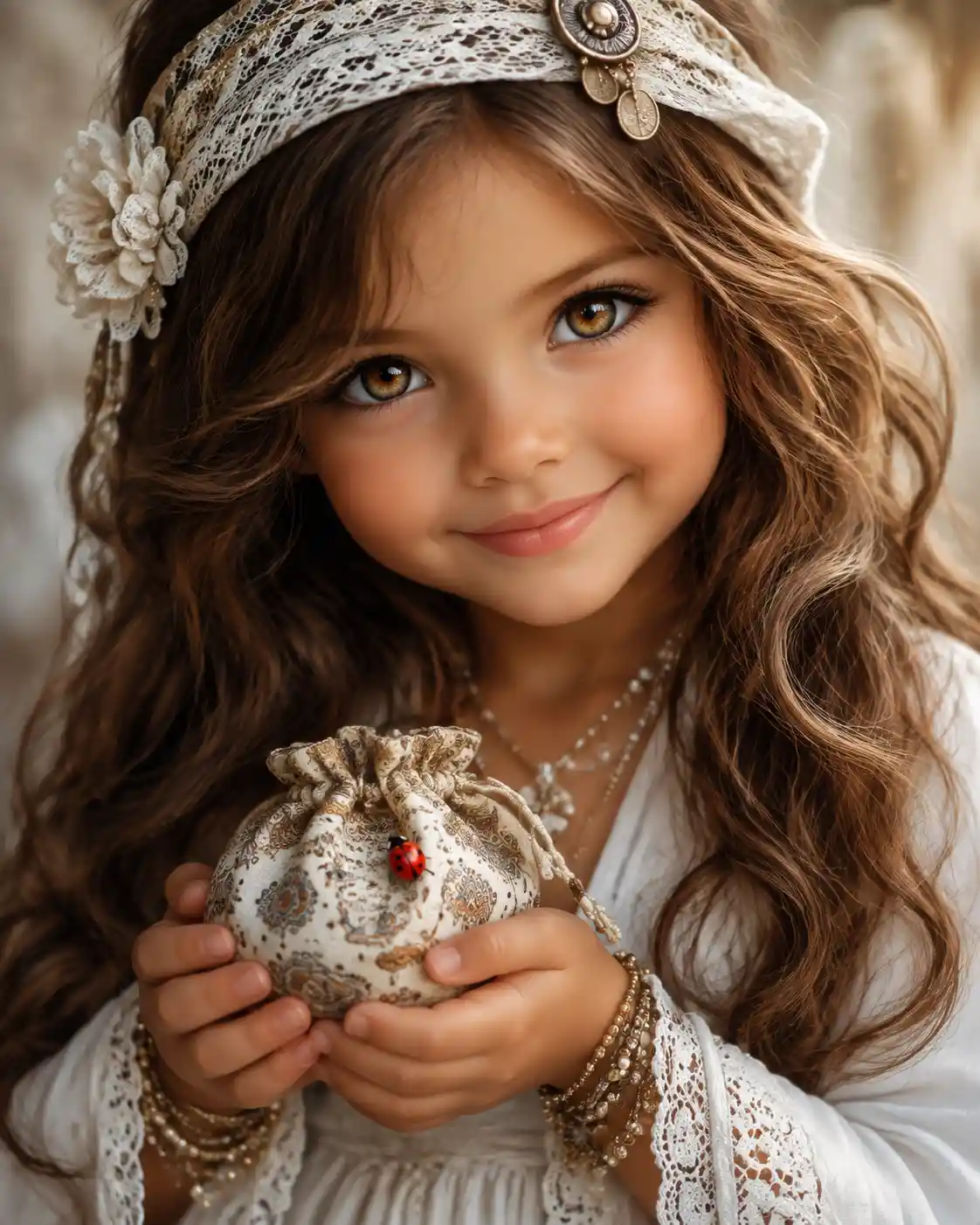 Fairy tale portrait of a smiling girl in white fashion