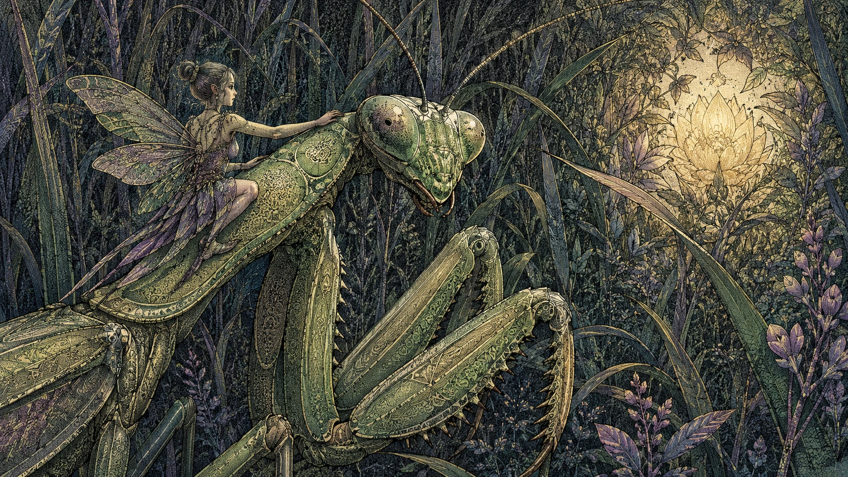 Tiny fairy resting on a giant mantis in tall glowing grass