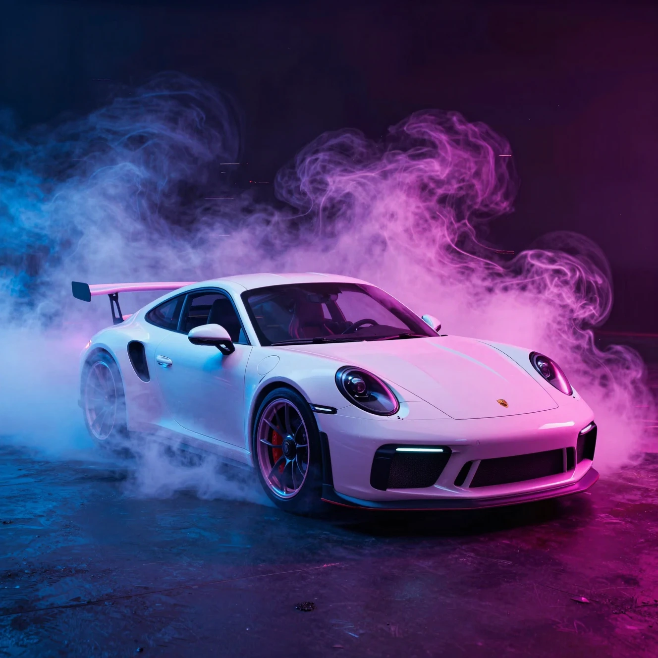Neon sports car in swirling vapor with low angle view