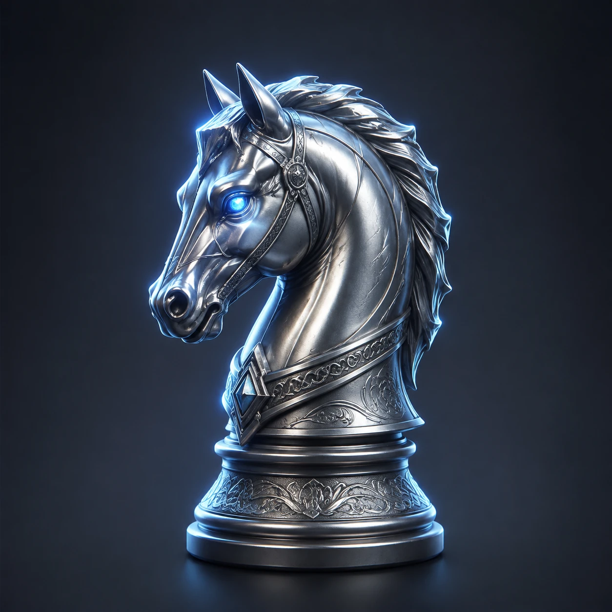 Silver chess knight with glowing blue eye on plain background
