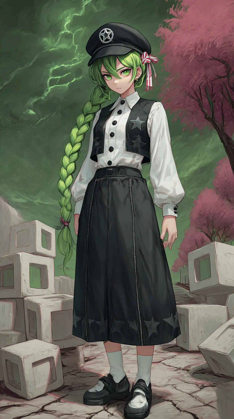 Green haired anime girl in star themed uniform