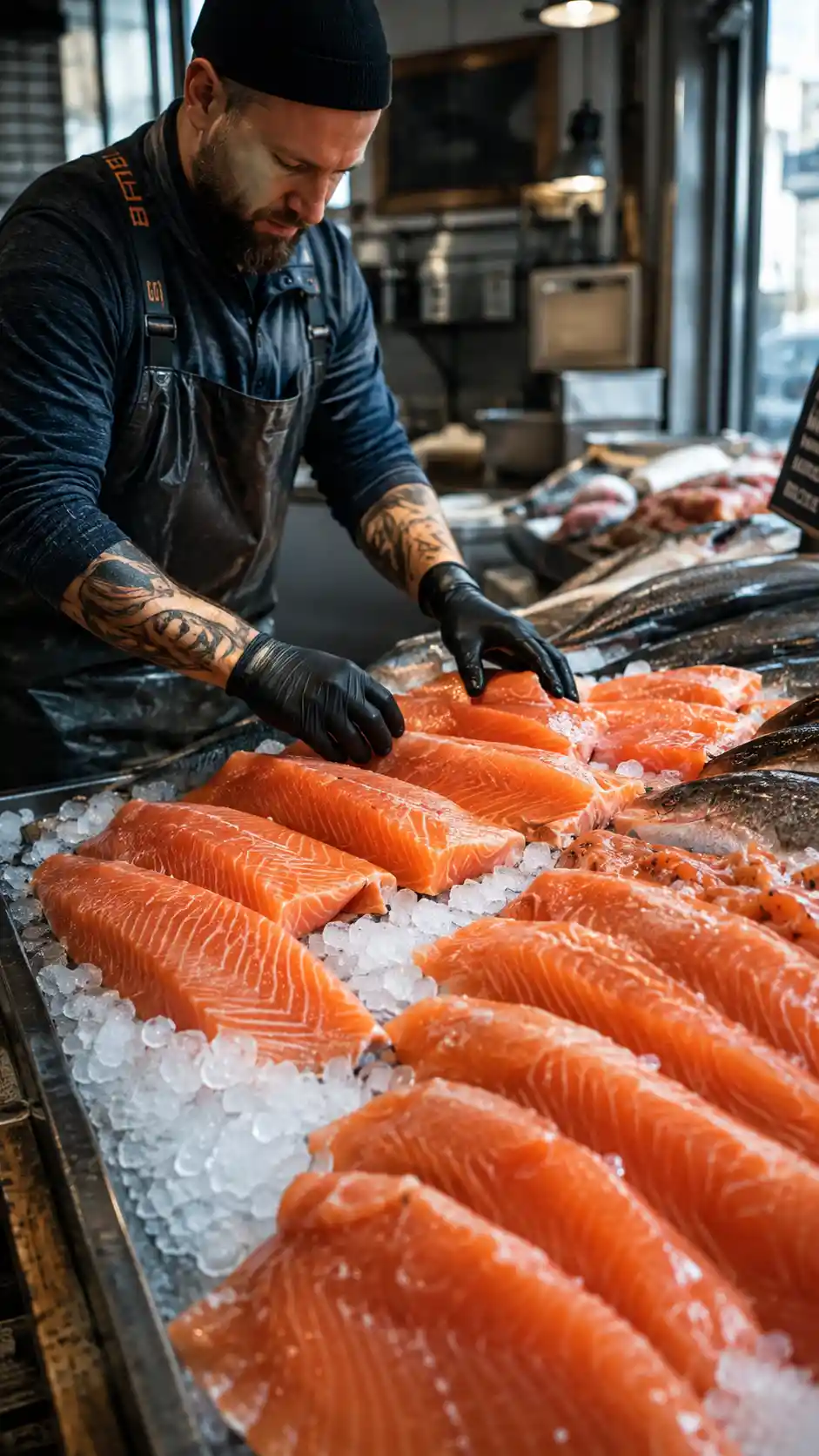 Fishmonger arranging fresh salmon fillets on crushed ice