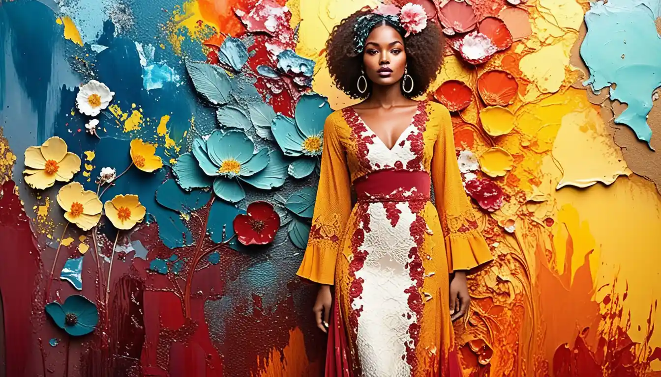 Bohemian fashion woman beside abstract floral fresco wall