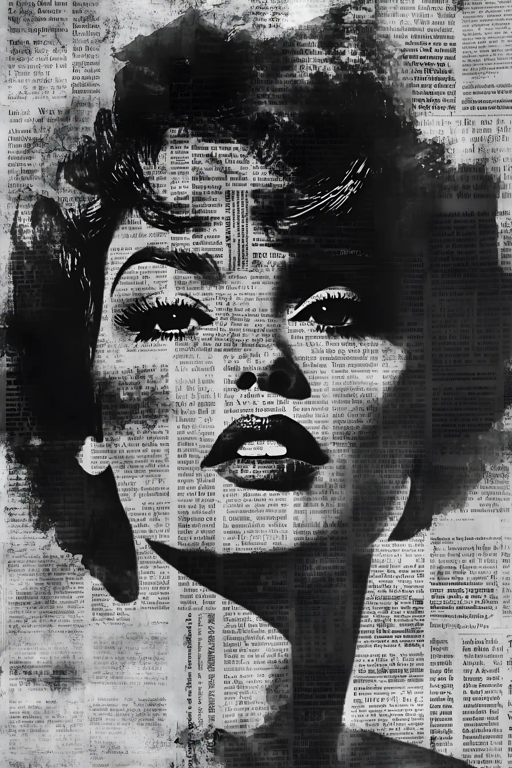 Retrato de garota em colagem de jornal em preto e branco mixed media