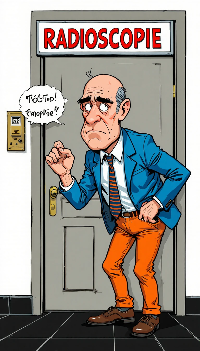 Ängstlicher Mann, der an eine Radioskopie-Tür klopft, im Comicstil