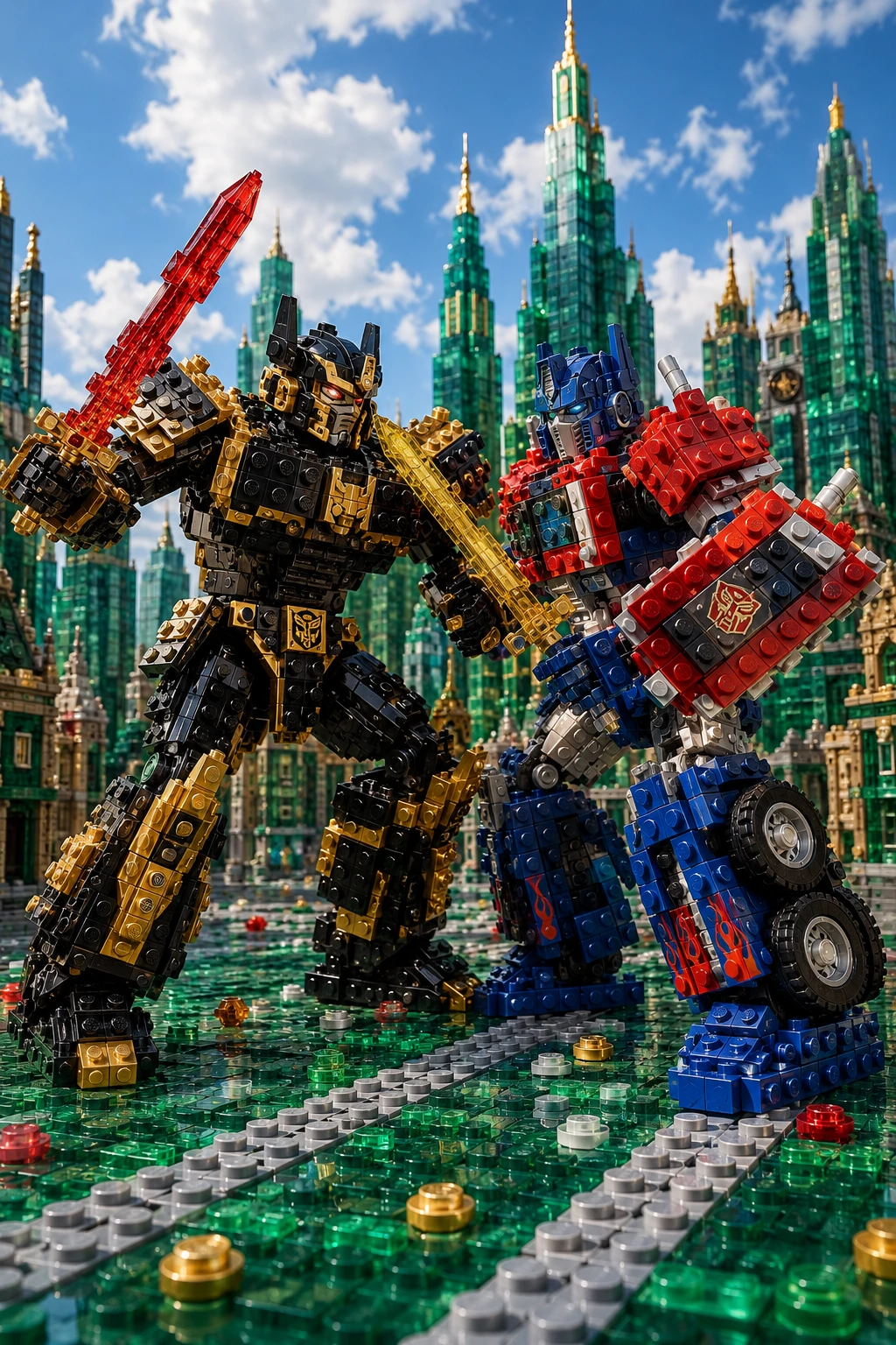 Lego robot warriors clash in a sunlit brick New York city