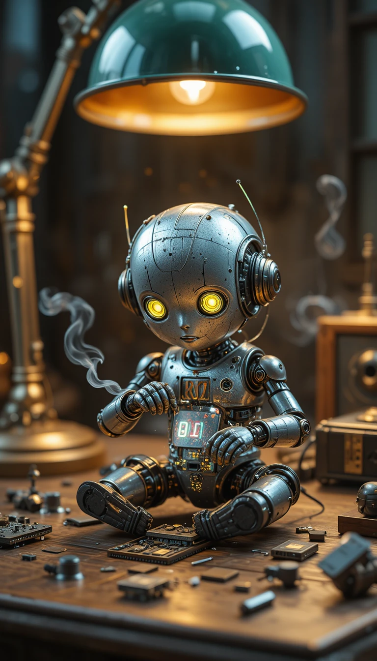 Tiny robot repairing a chip under a green desk lamp