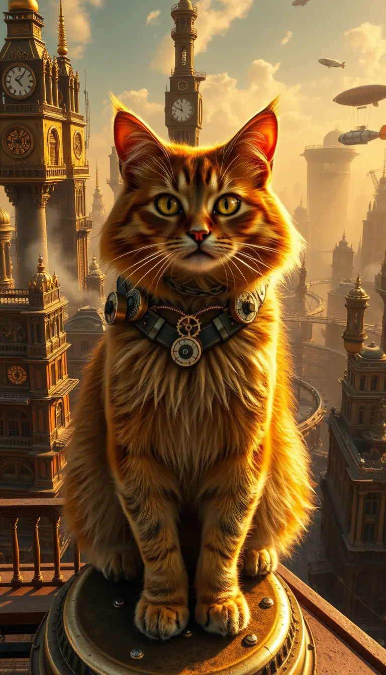 Golden Steampunk Cat Overlooking Vast Clockwork City