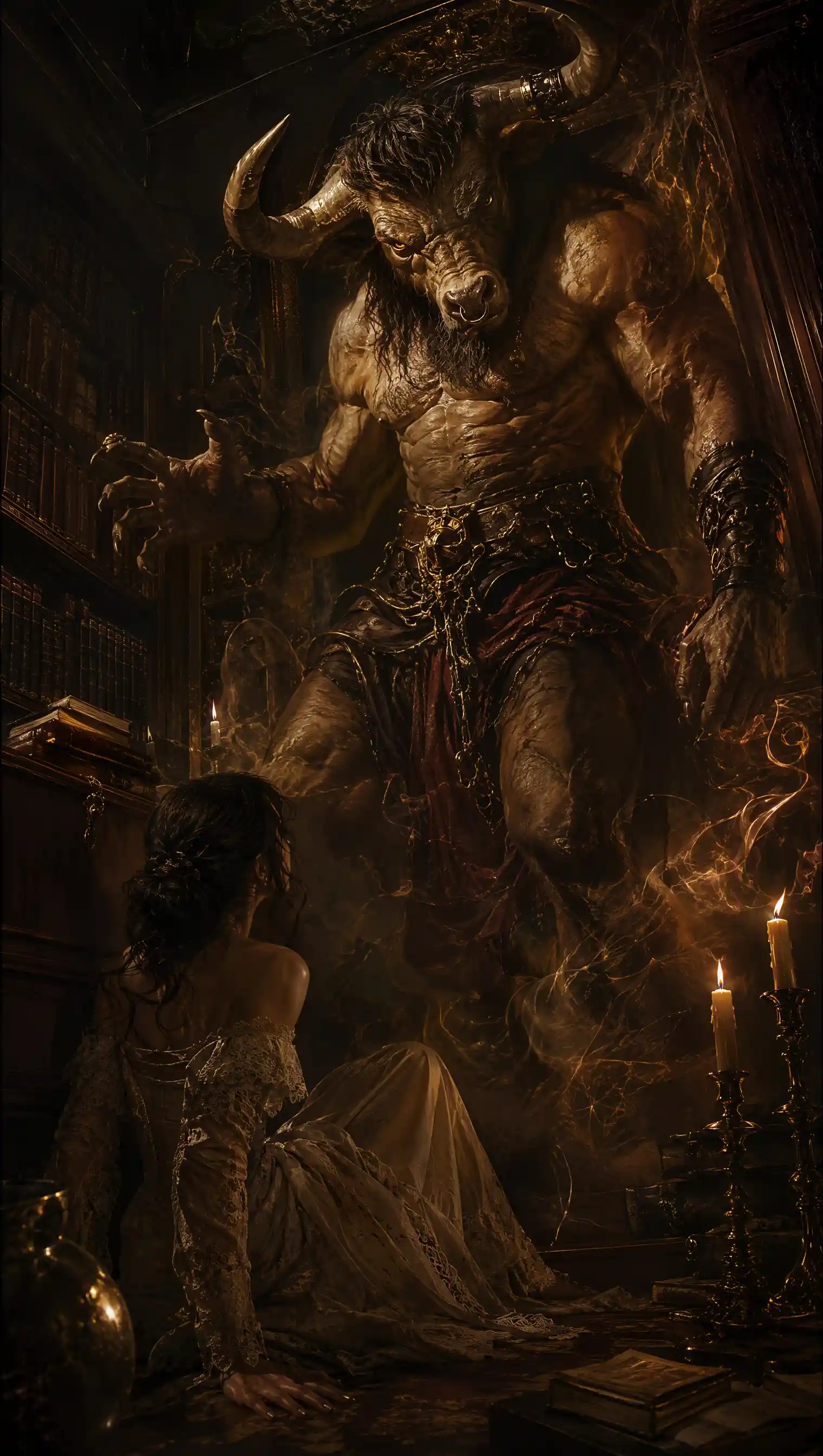 Minotauro de fantasia barroca em uma biblioteca gótica sombria