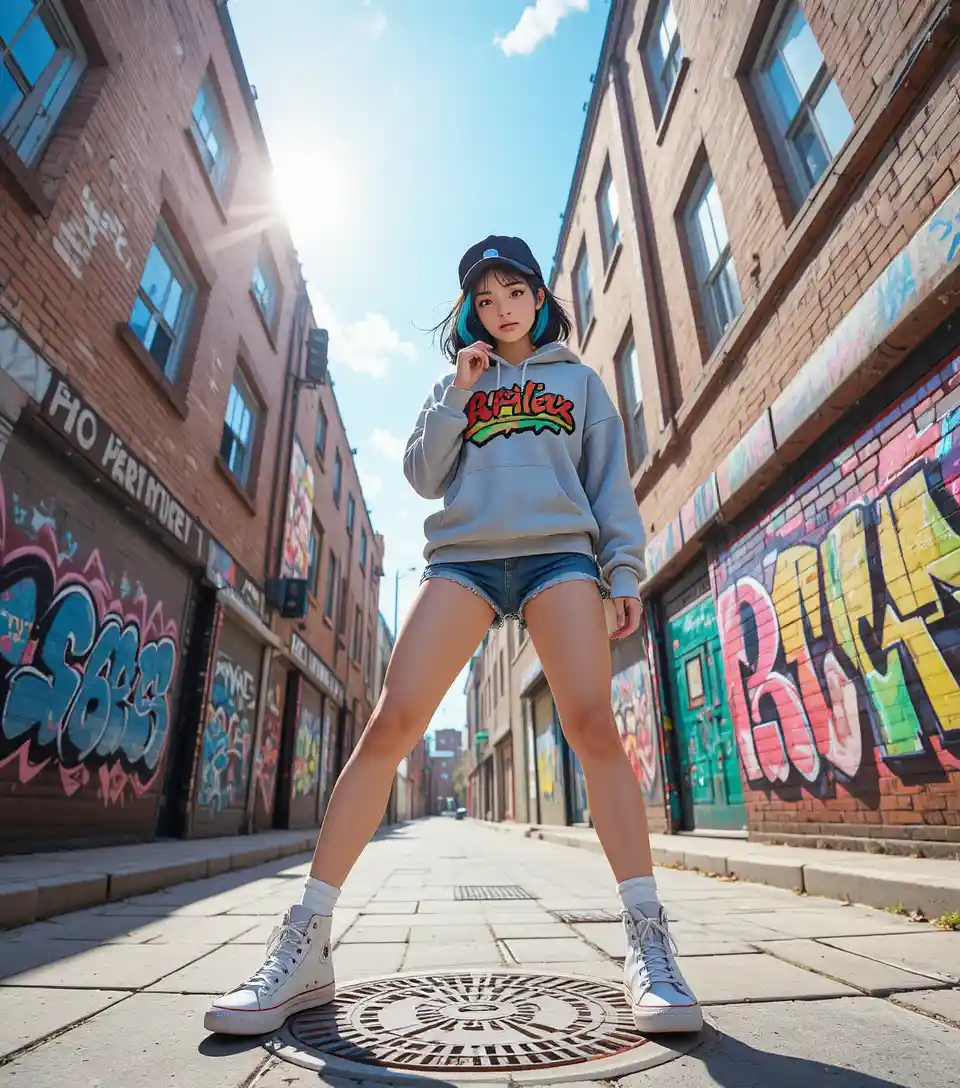 Verspielte Anime-Frau, die über einer graffitiübersäten Gasse emporragt