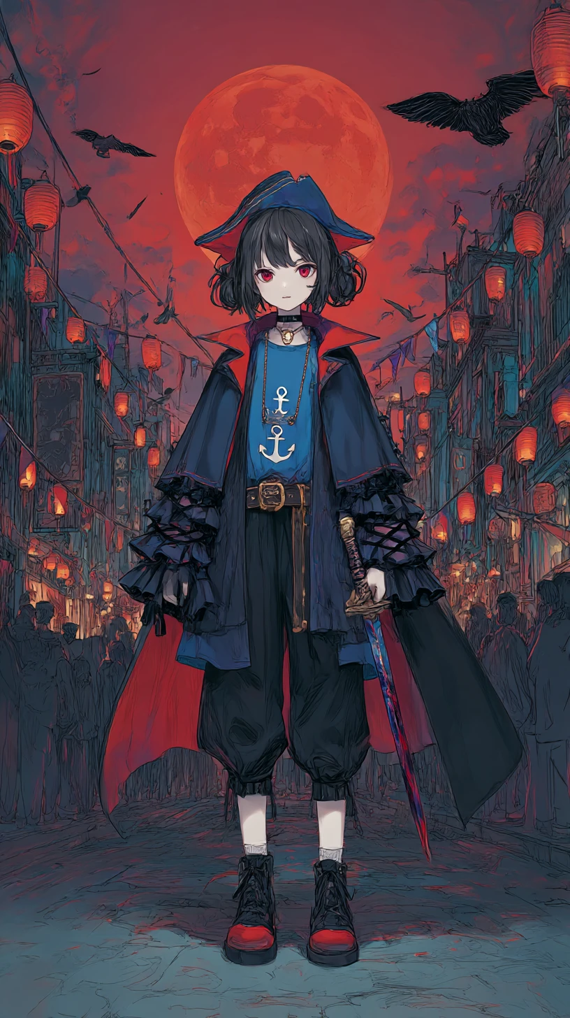 Garota de anime empunhando espada em uma rua de fantasia sombria