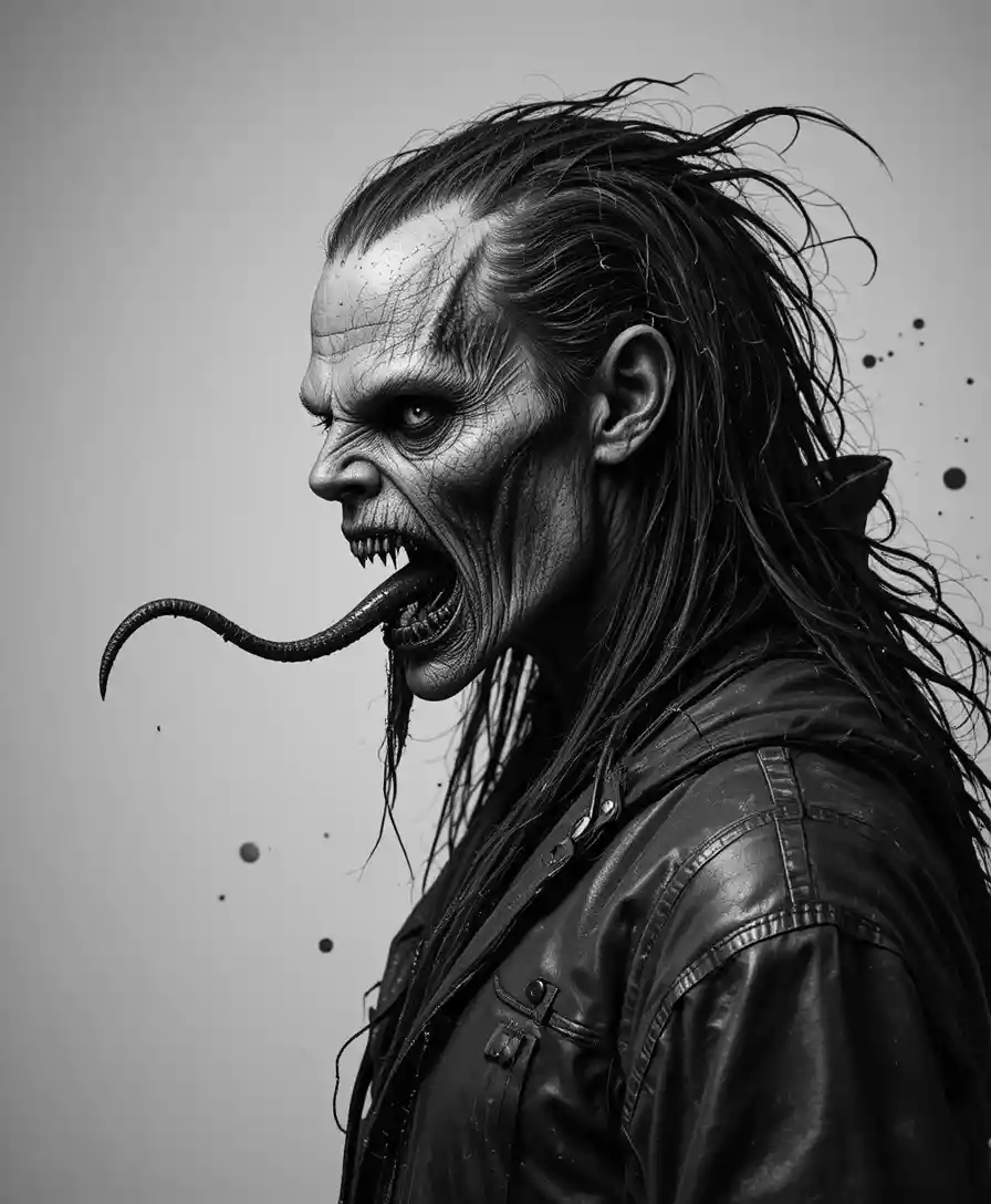 Black and white profile portrait of a screaming vampiric monster