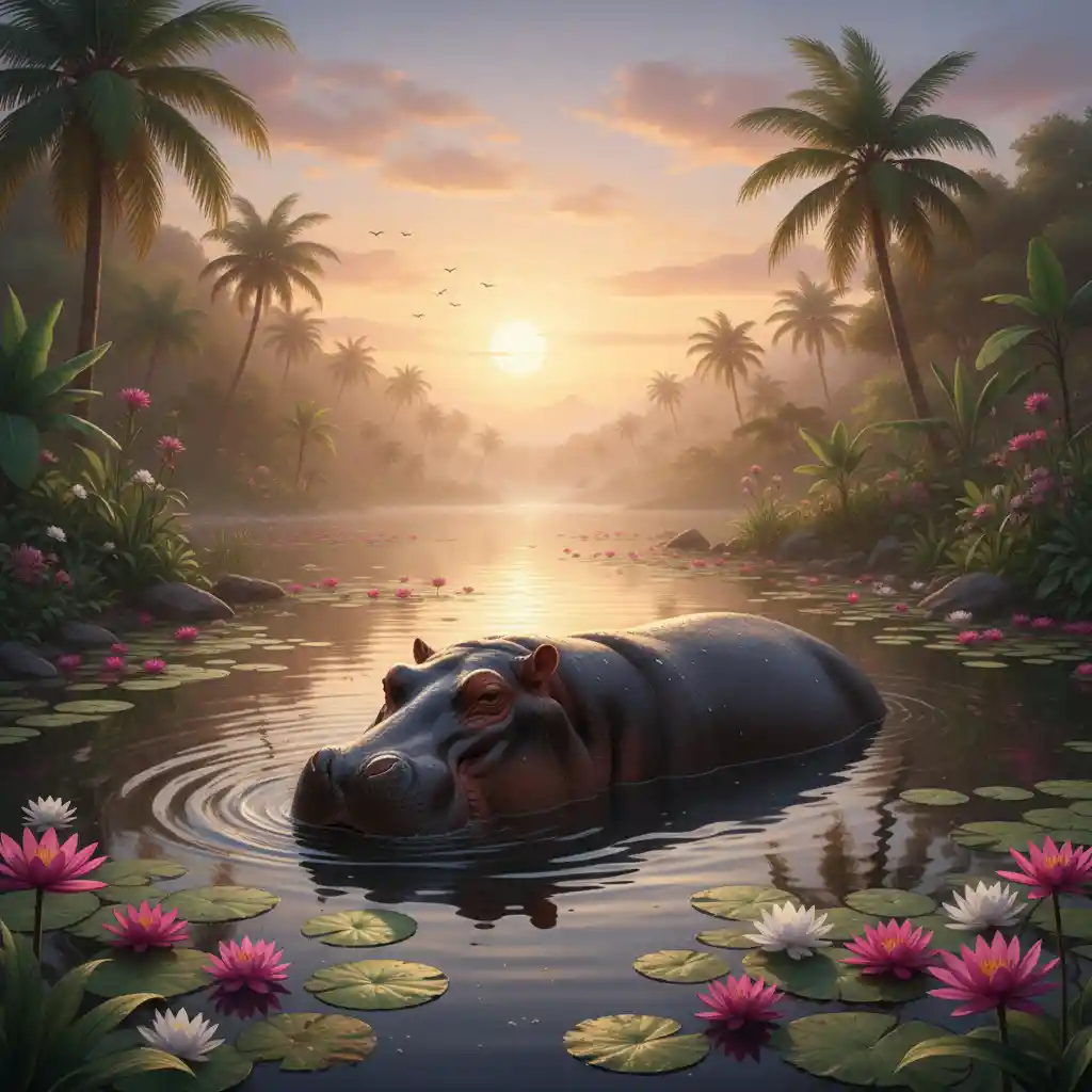 Hippopotame paisible dans un lac au lever du soleil avec des nénuphars