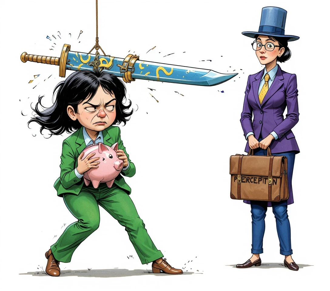 Mulher em desenho correndo com cofrinho sob espada trêmula