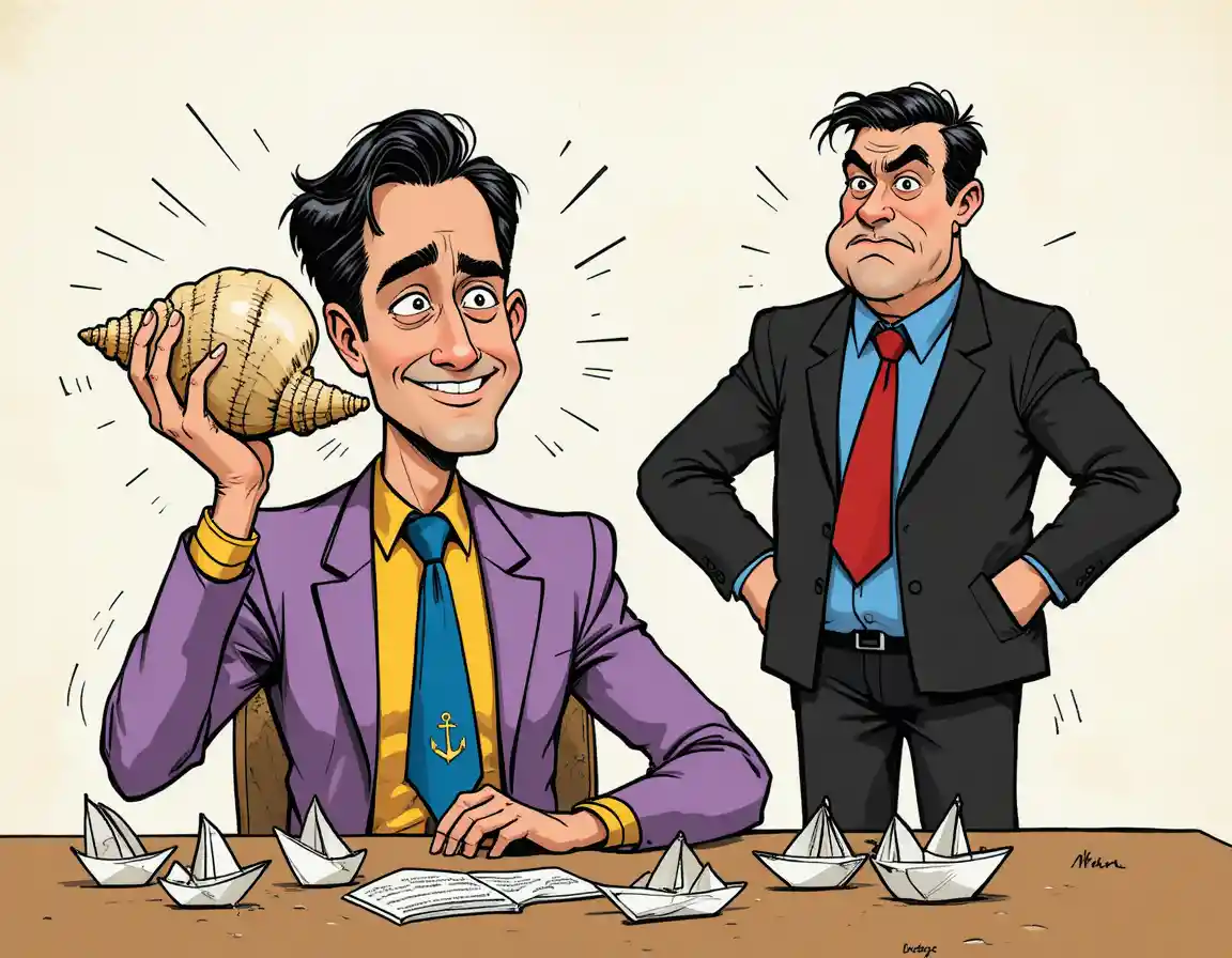 Oficinistas en una escena humorística de caricatura escuchando una concha