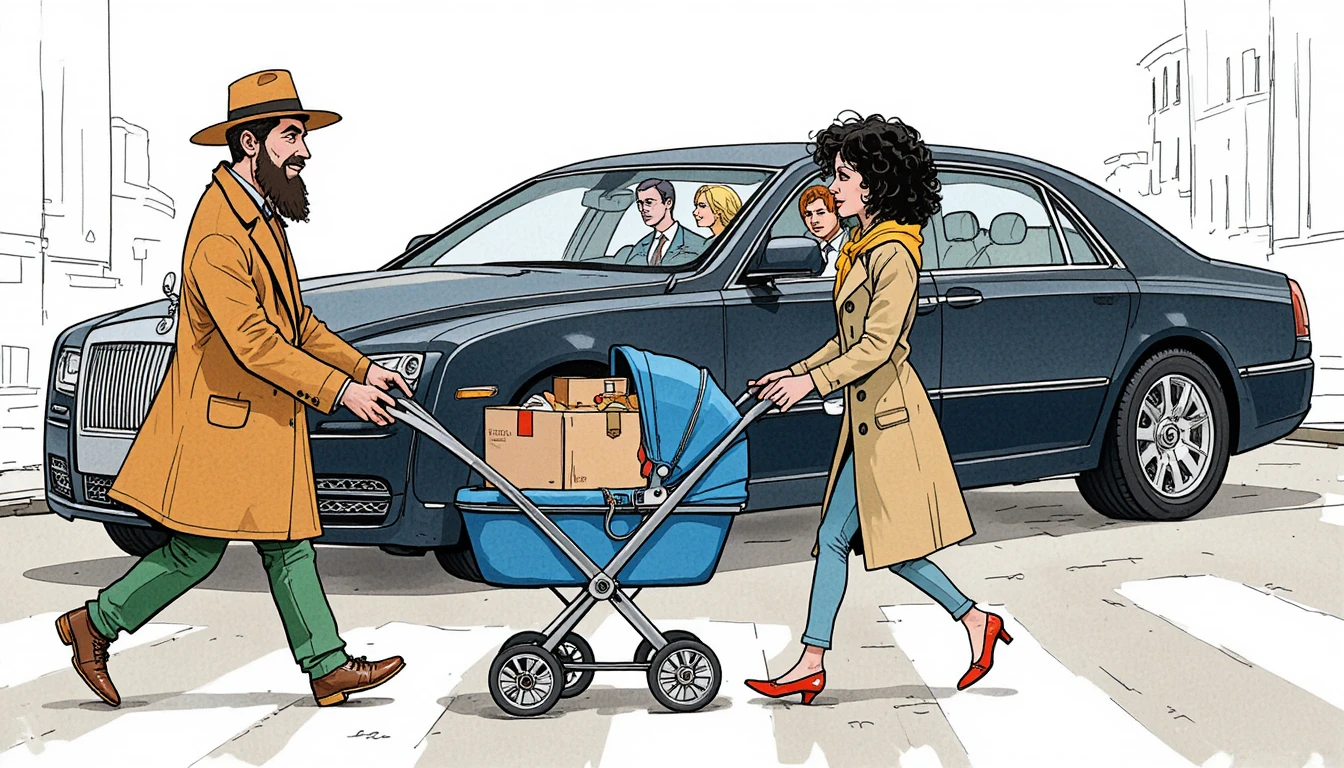 Satirisches Cartoon-Paar mit Kinderwagen und Luxusauto