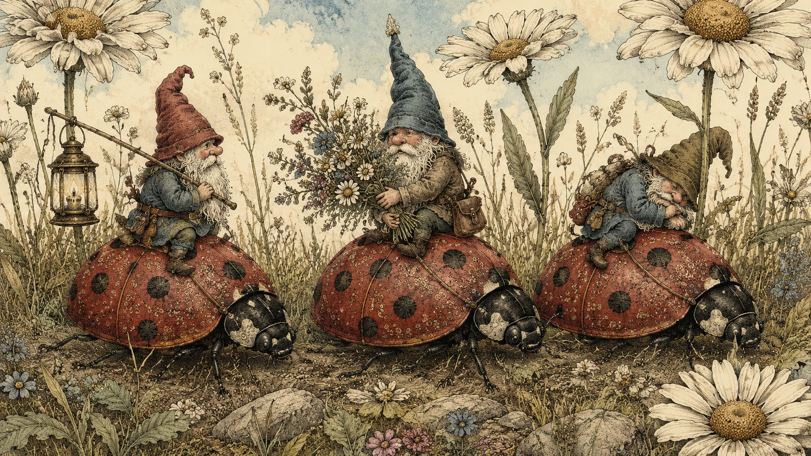 Gnomes chevauchant des coccinelles géantes dans un pré de marguerites
