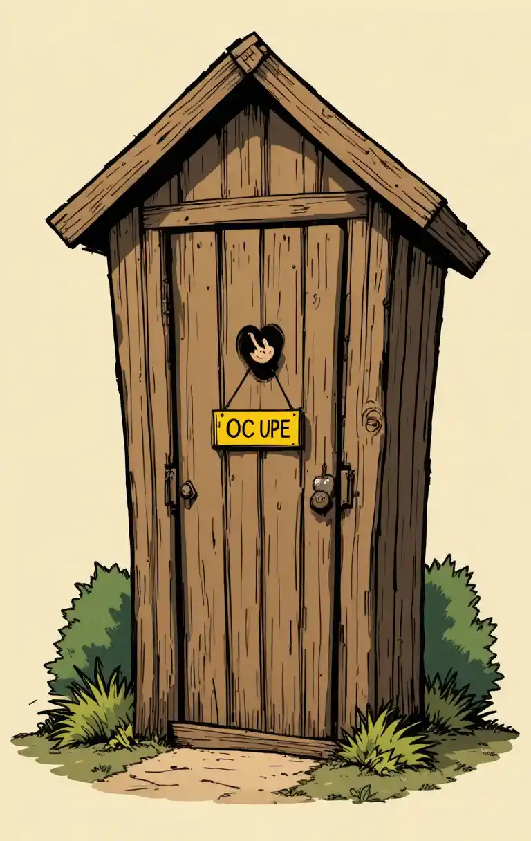 Cartoon wooden outhouse with occupied sign and hand visible